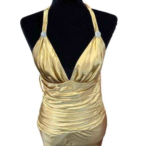 Cache Gold Silk Satin Halter Dress Size 2 NWT Vintage Glam Ruched Ruffle Gown - Picture 7 of 16